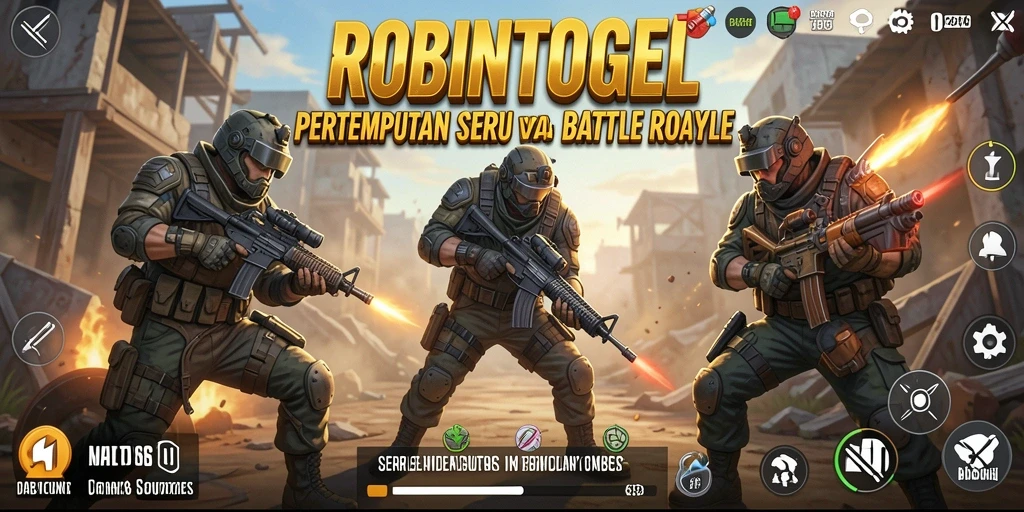 Tampilan intens pertempuran di arena <strong>ROBINTOGEL</strong> dengan berbagai senjata.